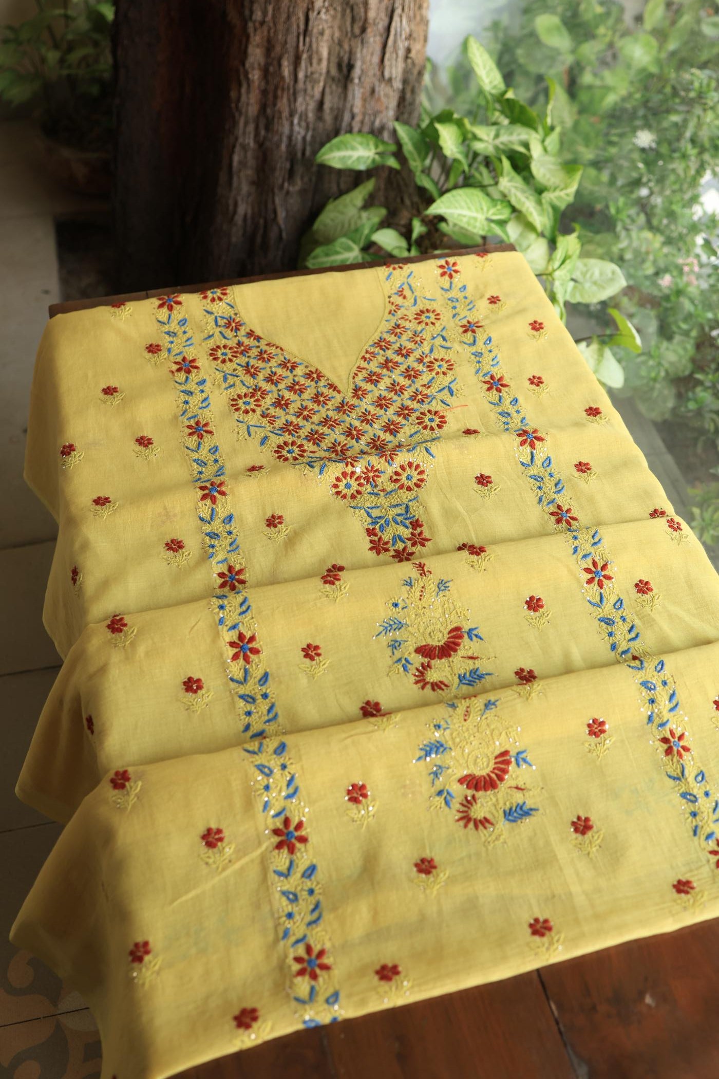 Gold Yellow Mul Chanderi Silk Kalamkari Unstitched Kurta Dupatta Set