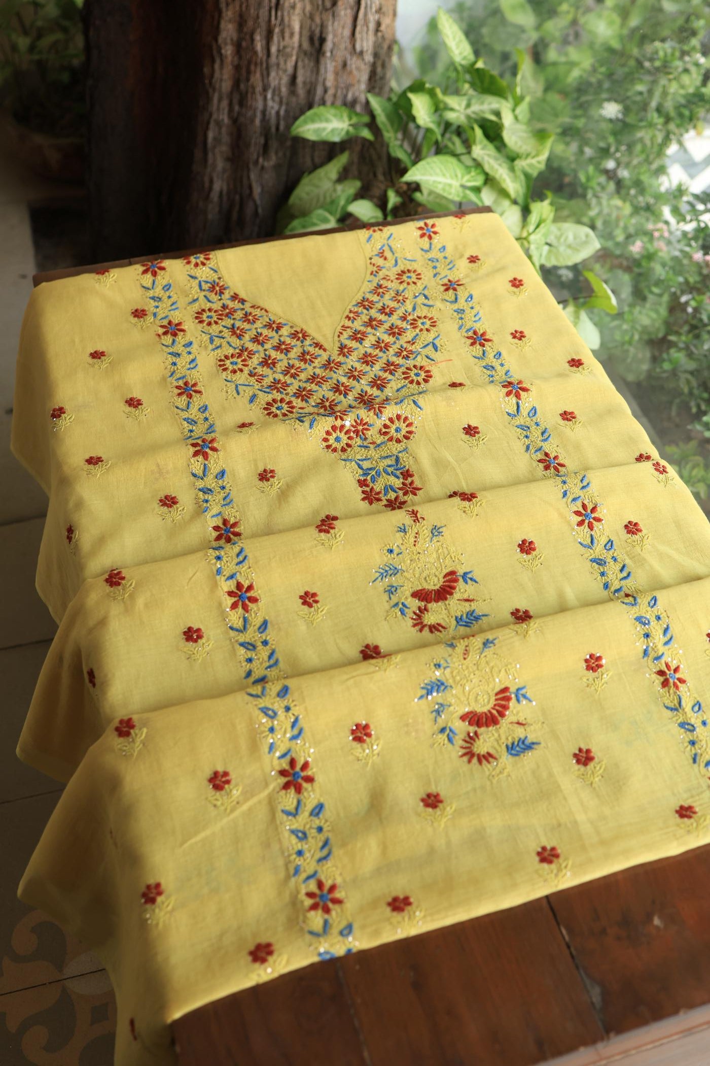 Gold Yellow Mul Chanderi Silk Kalamkari Unstitched Kurta Dupatta Set