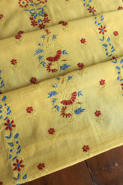 Gold Yellow Mul Chanderi Silk Kalamkari Unstitched Kurta Dupatta Set