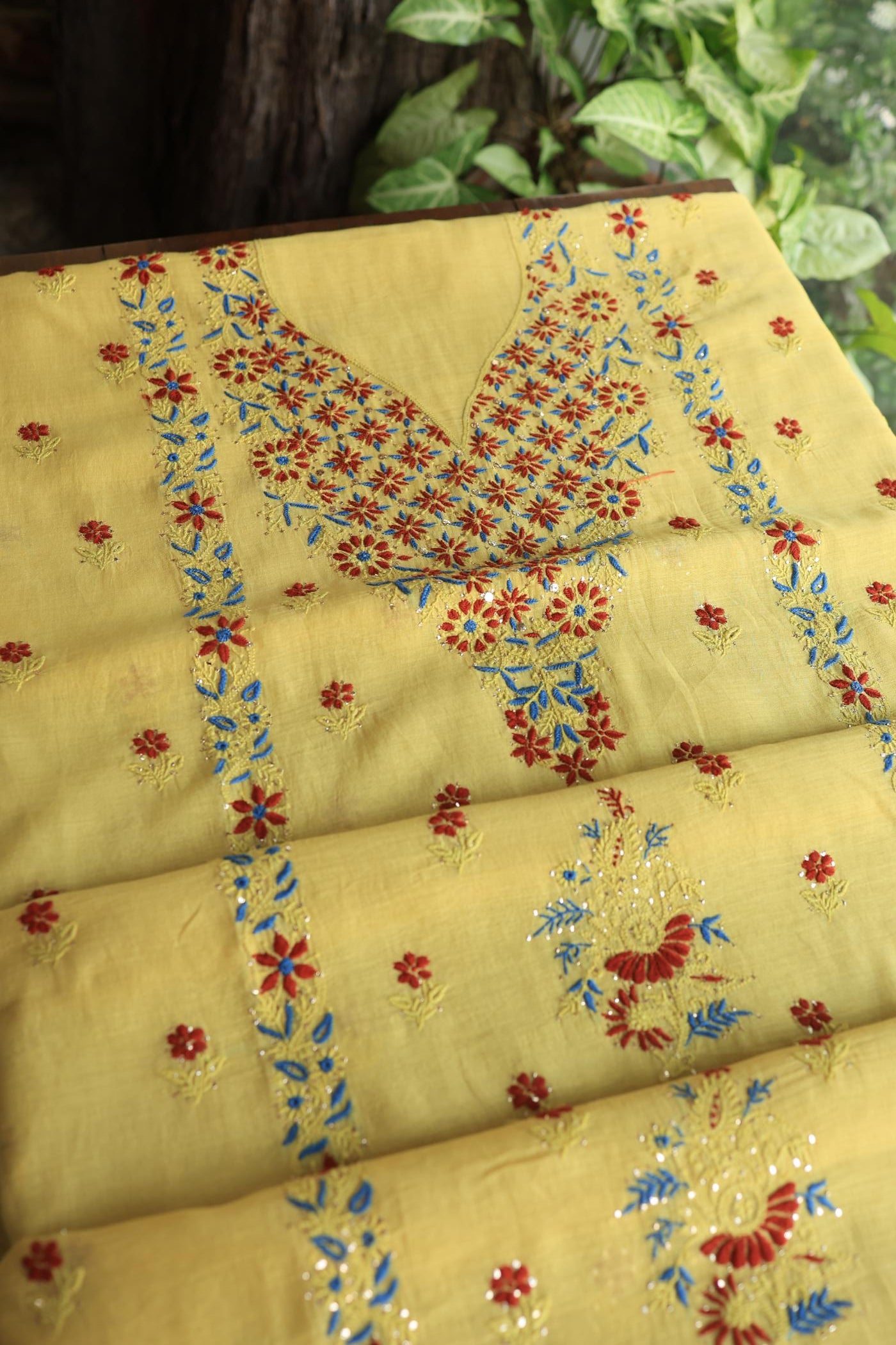 Gold Yellow Mul Chanderi Silk Kalamkari Unstitched Kurta Dupatta Set