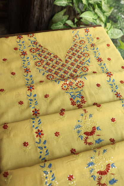 Gold Yellow Mul Chanderi Silk Kalamkari Unstitched Kurta Dupatta Set