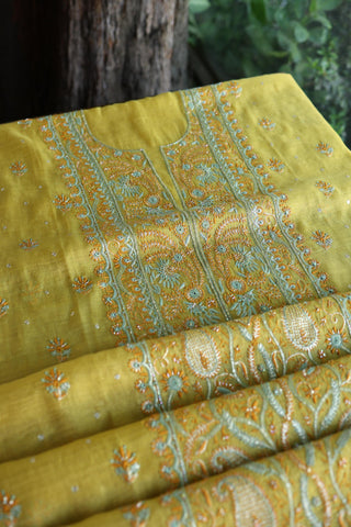Gold Yellow Shade Tissue Silk Chikankari Unstitched Fabric
