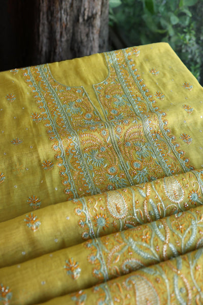 Gold Yellow Shade Tissue Silk Chikankari Unstitched Fabric