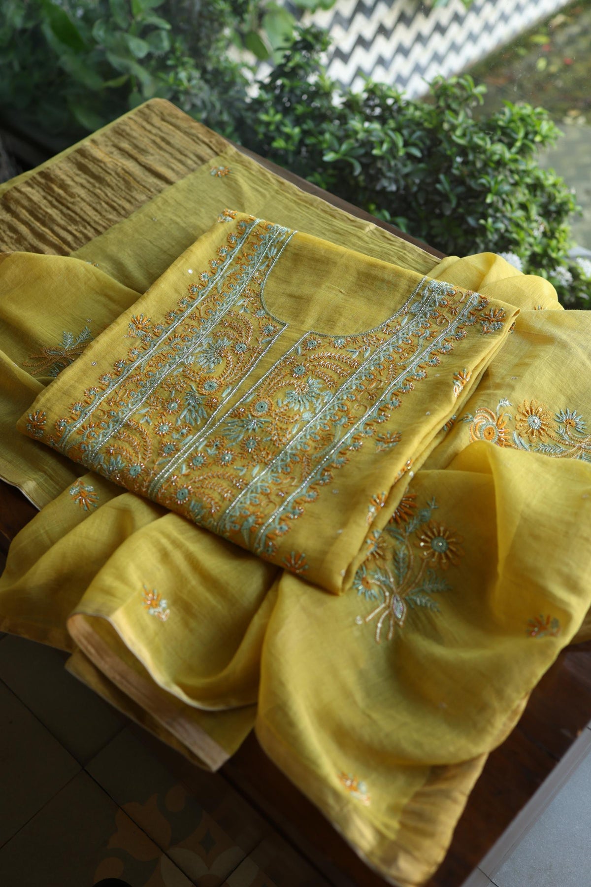 Gold Yellow Shade Tissue Silk Chikankari Unstitched Fabric