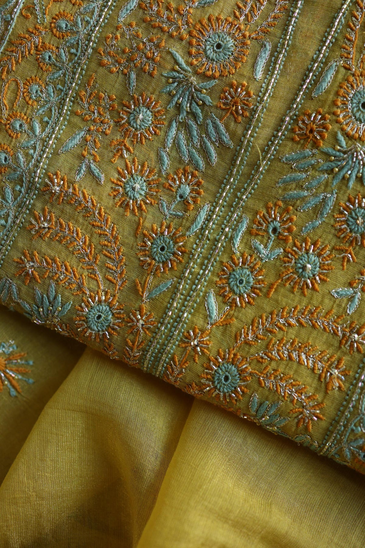 Gold Yellow Shade Tissue Silk Chikankari Unstitched Fabric