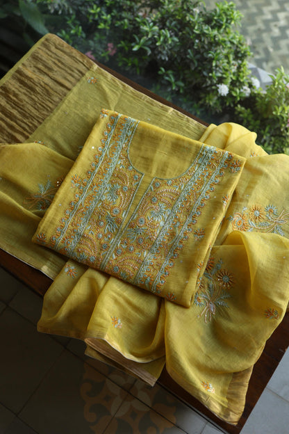 Gold Yellow Shade Tissue Silk Chikankari Unstitched Fabric