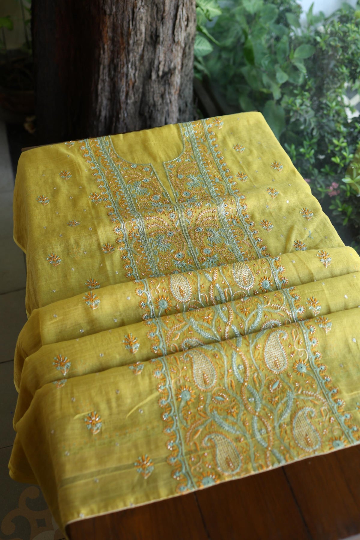 Gold Yellow Shade Tissue Silk Chikankari Unstitched Fabric