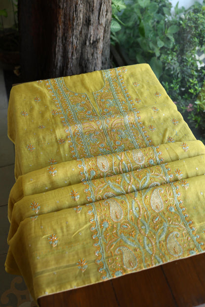 Gold Yellow Shade Tissue Silk Chikankari Unstitched Fabric