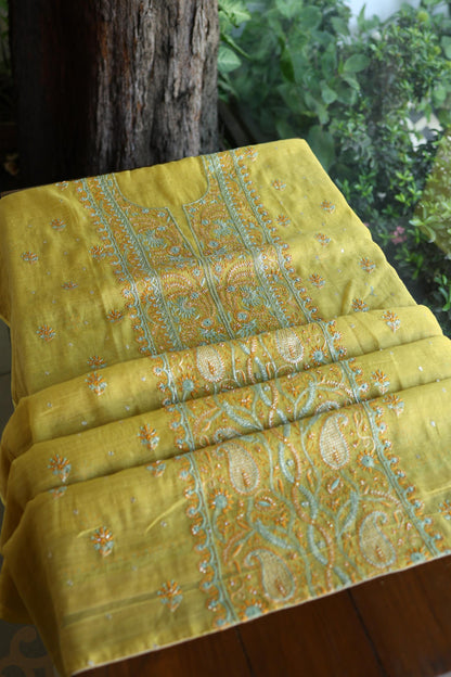 Gold Yellow Shade Tissue Silk Chikankari Unstitched Fabric