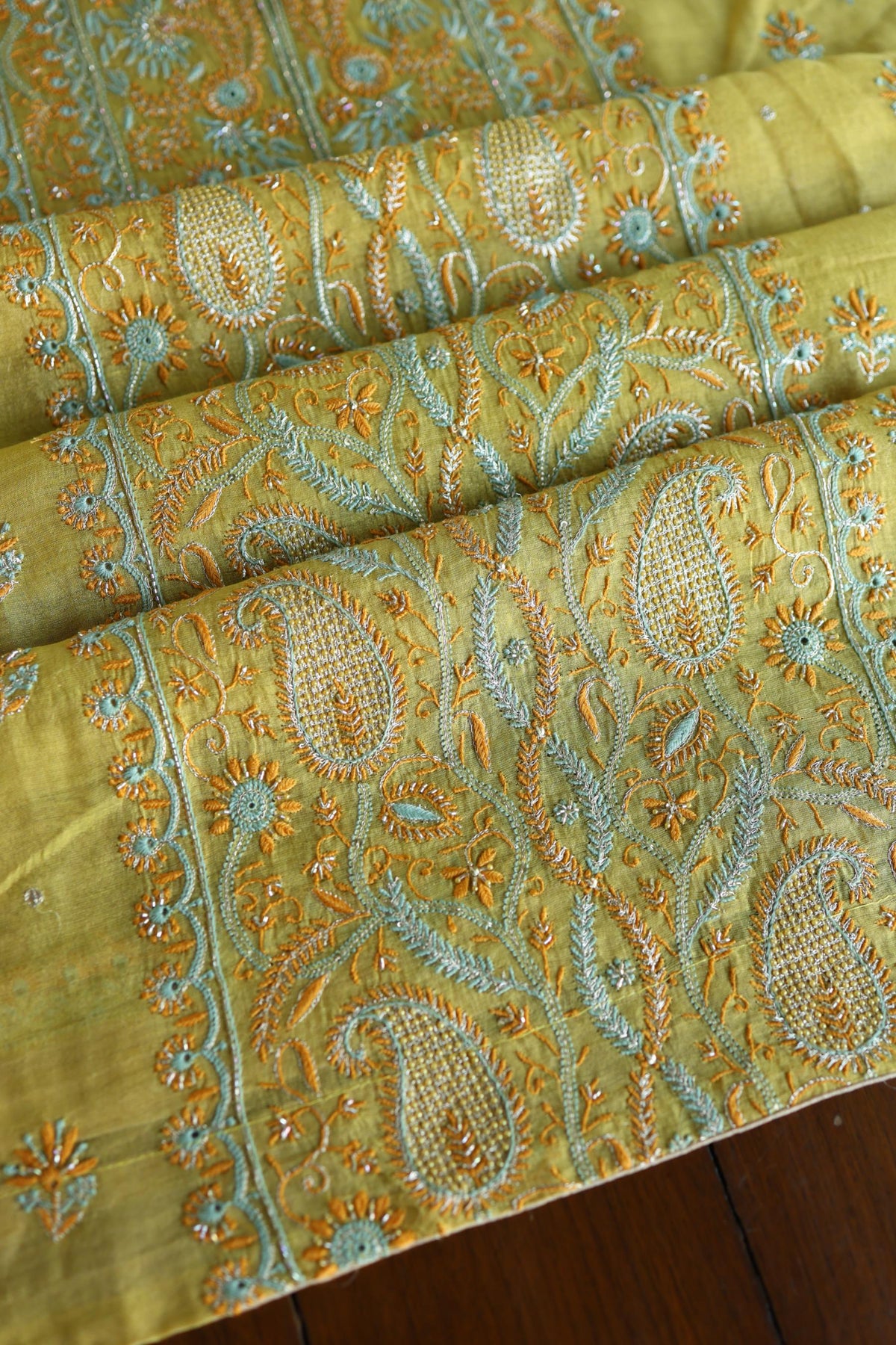 Gold Yellow Shade Tissue Silk Chikankari Unstitched Fabric