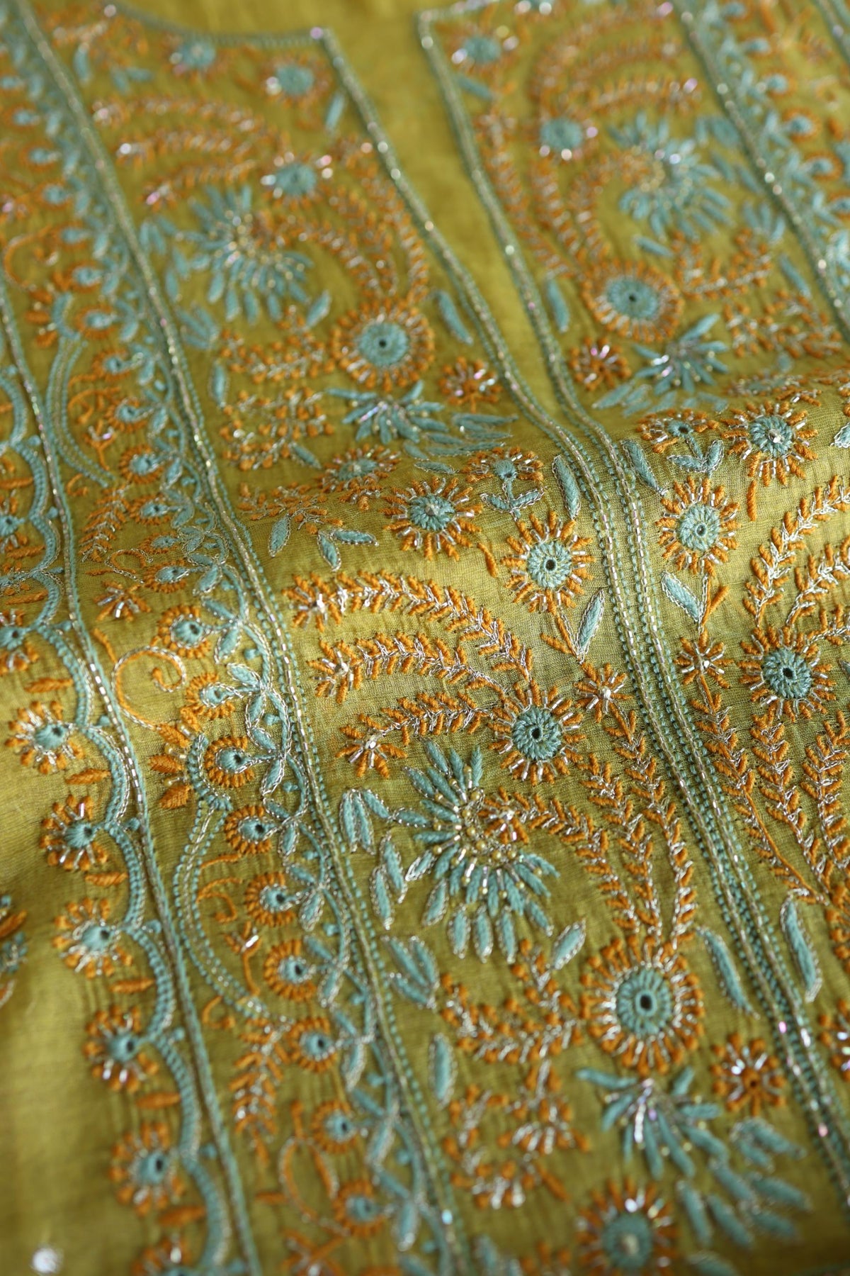 Gold Yellow Shade Tissue Silk Chikankari Unstitched Fabric