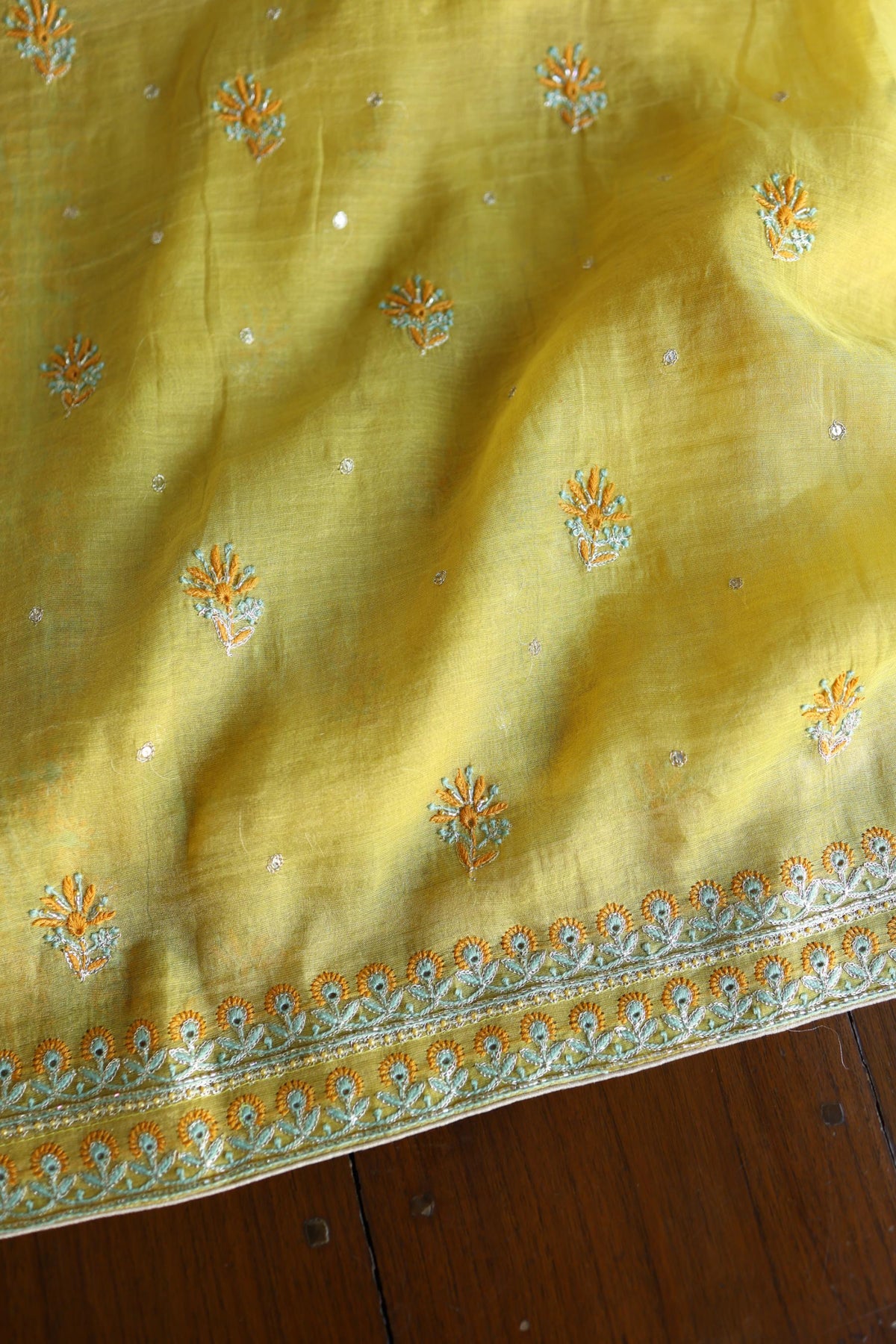 Gold Yellow Shade Tissue Silk Chikankari Unstitched Fabric
