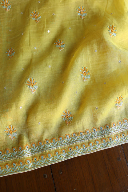 Gold Yellow Shade Tissue Silk Chikankari Unstitched Fabric
