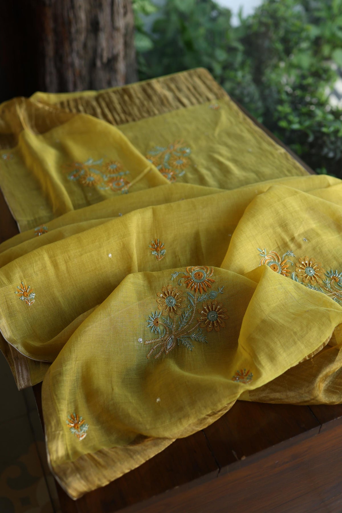 Gold Yellow Shade Tissue Silk Chikankari Unstitched Fabric