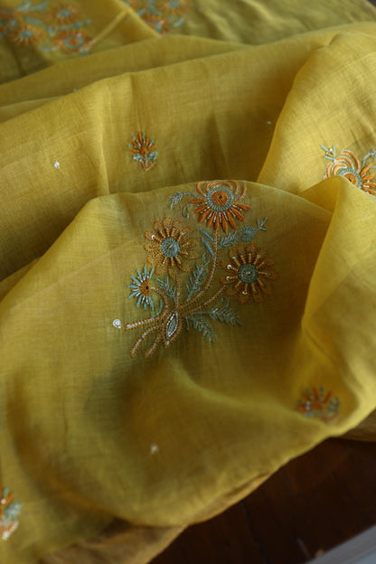 Gold Yellow Shade Tissue Silk Chikankari Unstitched Fabric