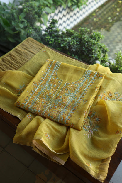 Gold Yellow Shade Tissue Silk Chikankari Unstitched Fabric