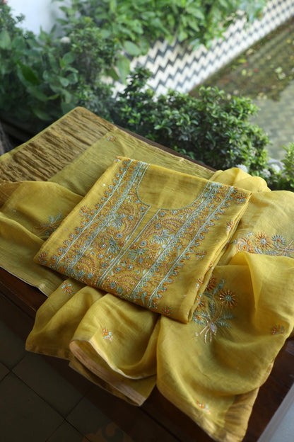 Gold Yellow Shade Tissue Silk Chikankari Unstitched Fabric