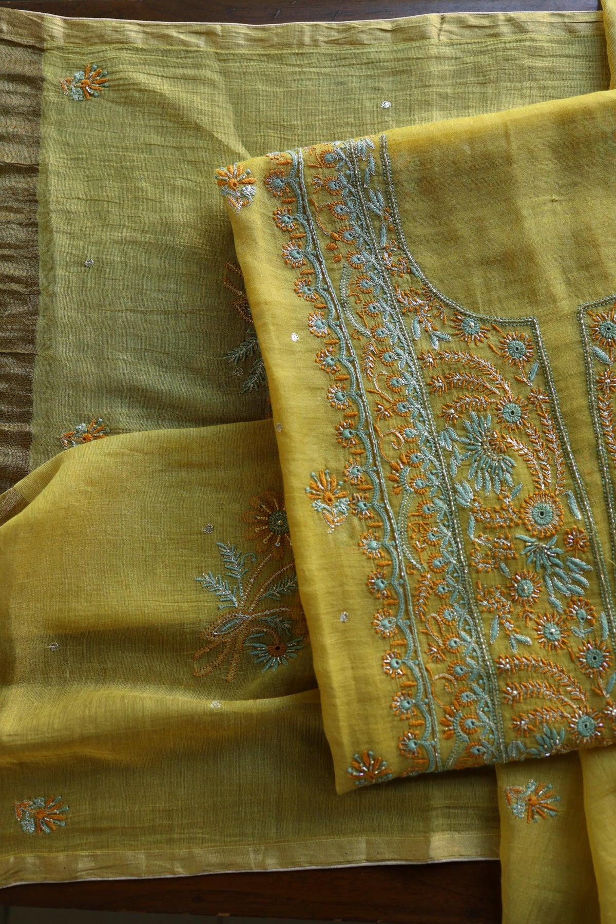 Gold Yellow Shade Tissue Silk Chikankari Unstitched Fabric