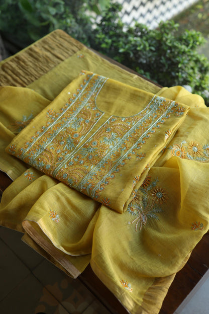 Gold Yellow Shade Tissue Silk Chikankari Unstitched Fabric