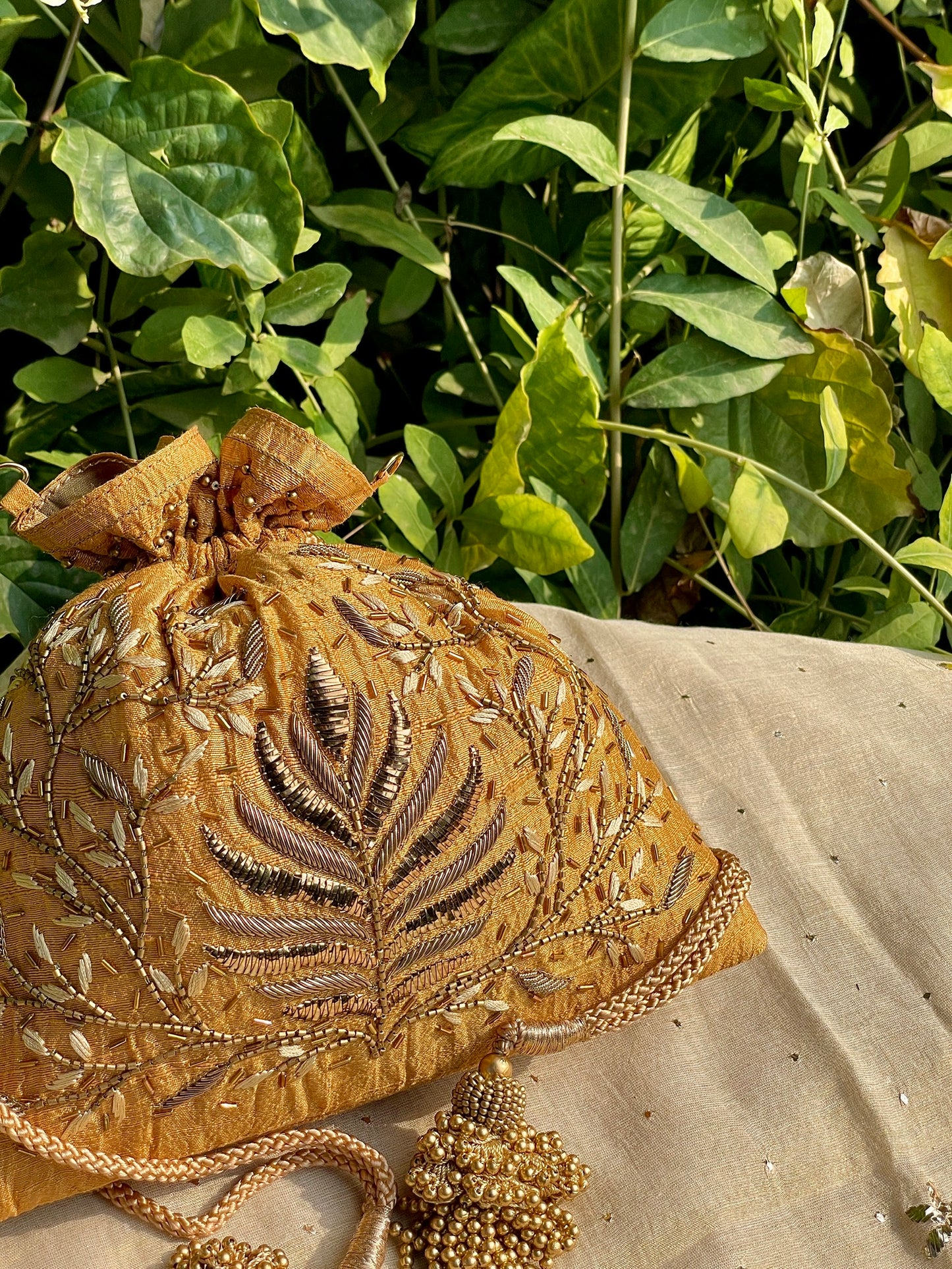 Gold Yellow Raw Silk Zardosi Polti Bags