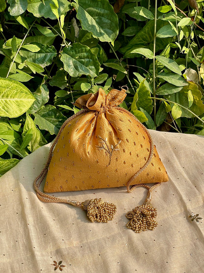 Gold Yellow Raw Silk Zardosi Polti Bags