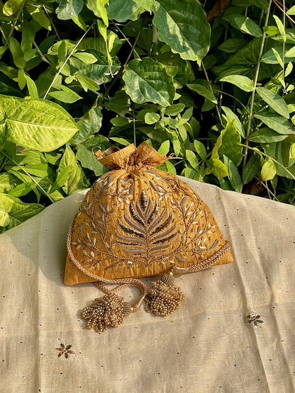 Gold Yellow Raw Silk Zardosi Polti Bags