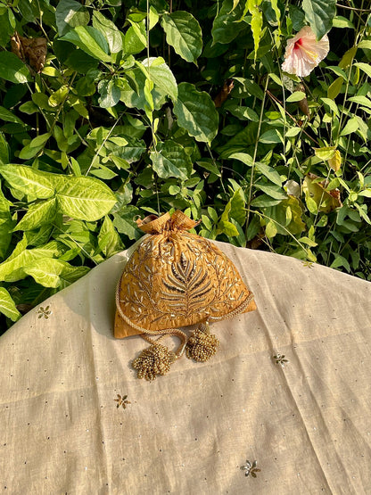 Gold Yellow Raw Silk Zardosi Polti Bags
