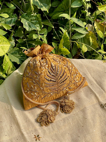 Gold Yellow Raw Silk Zardosi Polti Bags