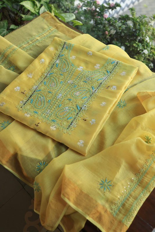 Gold Yellow Zari Booti Fine Chikankari With Kamdani Work Unstitched Fabric