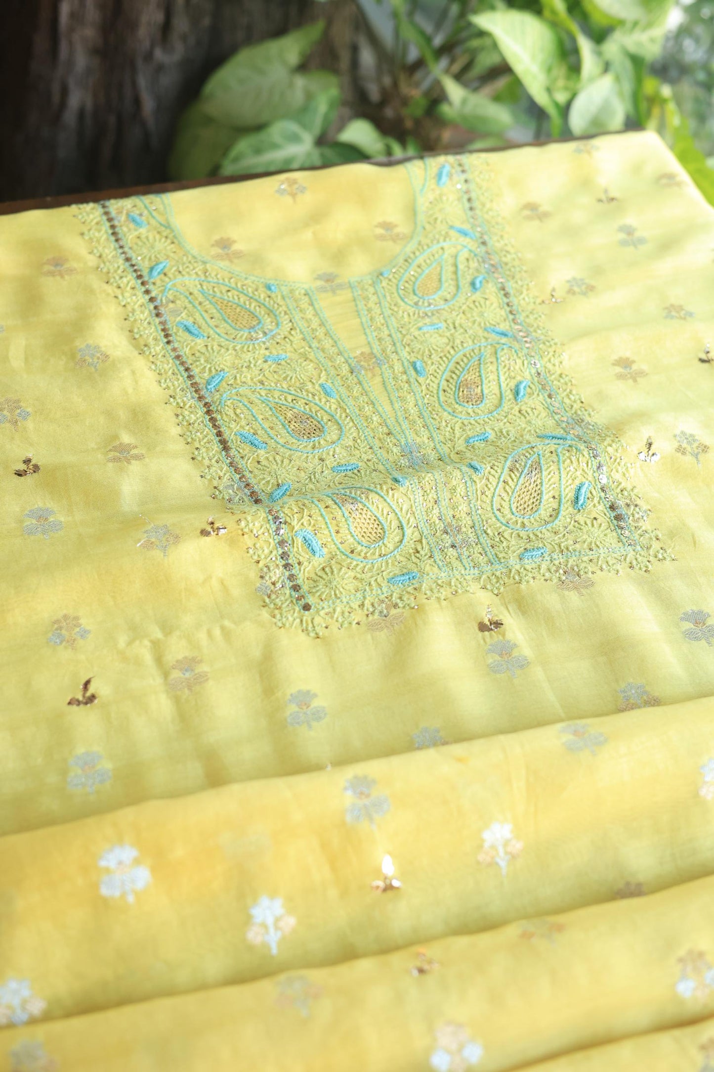 Gold Yellow Zari Booti Fine Chikankari With Kamdani Work Unstitched Fabric
