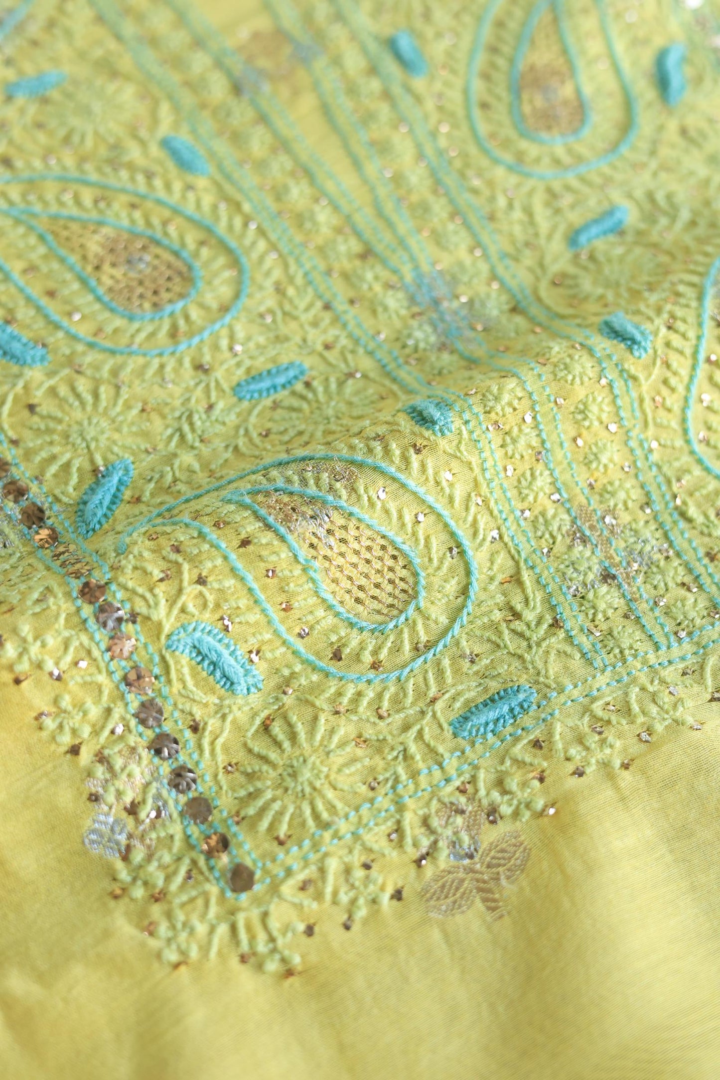 Gold Yellow Zari Booti Fine Chikankari With Kamdani Work Unstitched Fabric