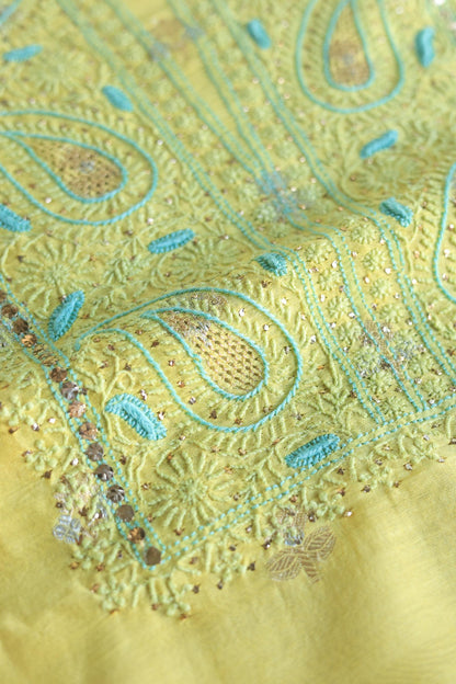 Gold Yellow Zari Booti Fine Chikankari With Kamdani Work Unstitched Fabric