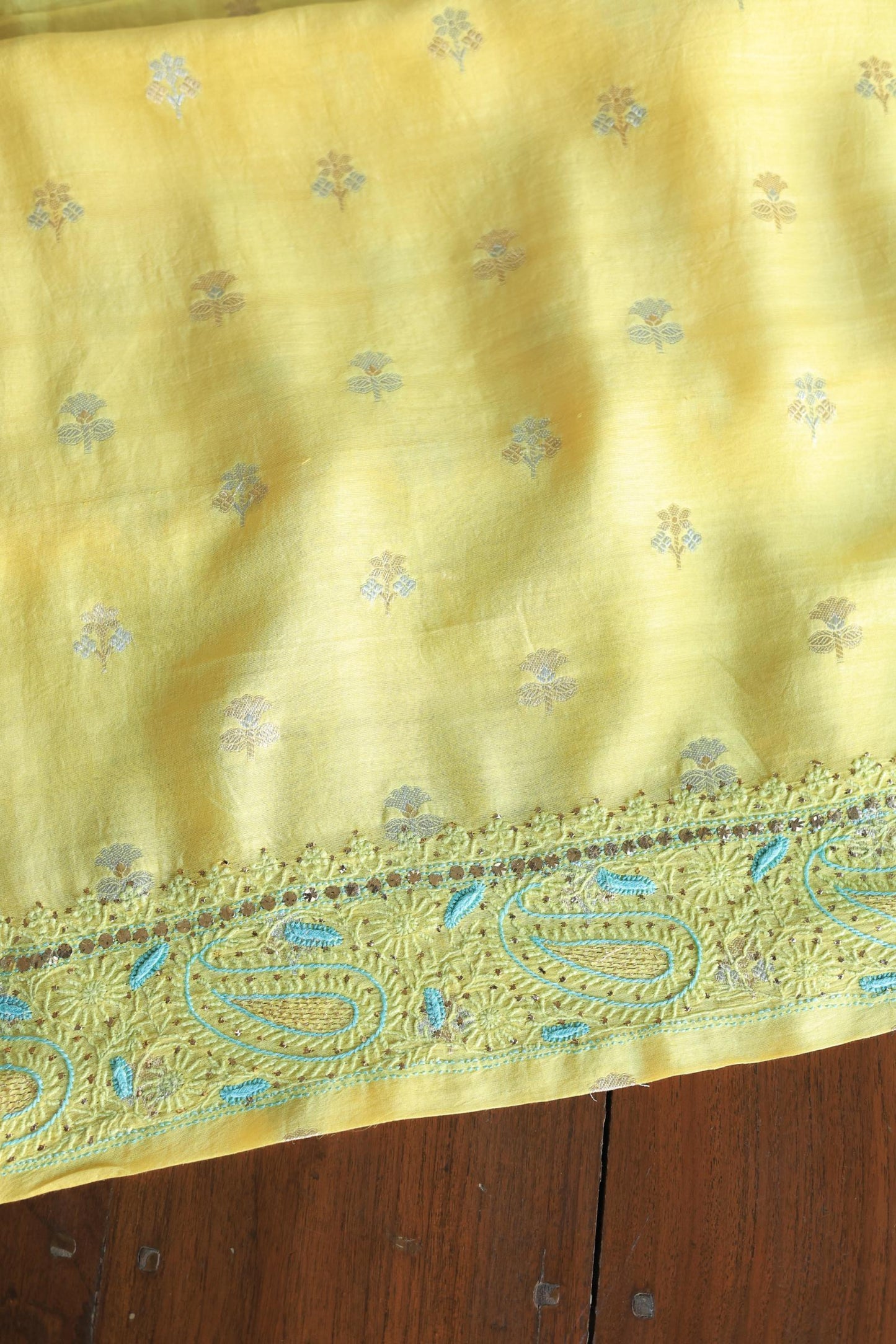 Gold Yellow Zari Booti Fine Chikankari With Kamdani Work Unstitched Fabric