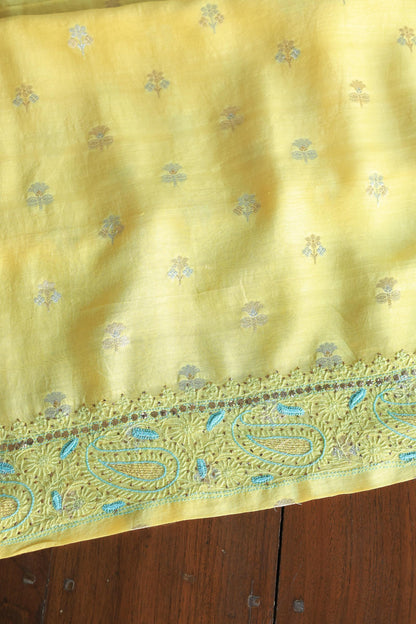 Gold Yellow Zari Booti Fine Chikankari With Kamdani Work Unstitched Fabric
