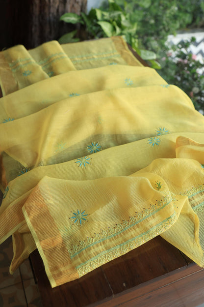 Gold Yellow Zari Booti Fine Chikankari With Kamdani Work Unstitched Fabric