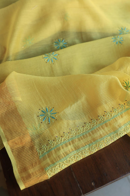 Gold Yellow Zari Booti Fine Chikankari With Kamdani Work Unstitched Fabric