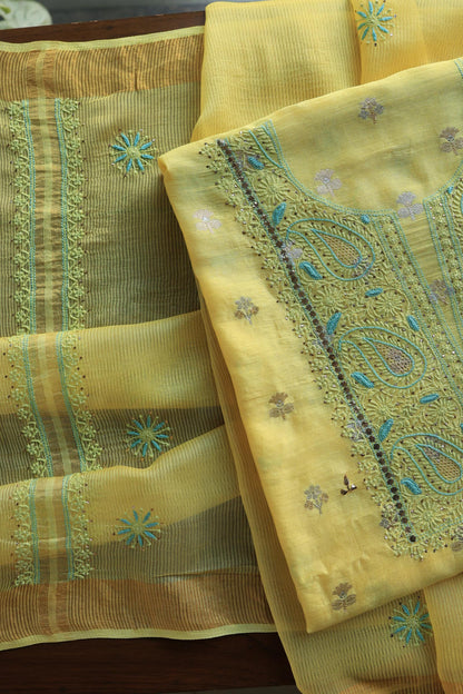 Gold Yellow Zari Booti Fine Chikankari With Kamdani Work Unstitched Fabric
