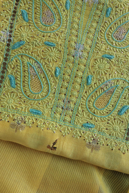 Gold Yellow Zari Booti Fine Chikankari With Kamdani Work Unstitched Fabric
