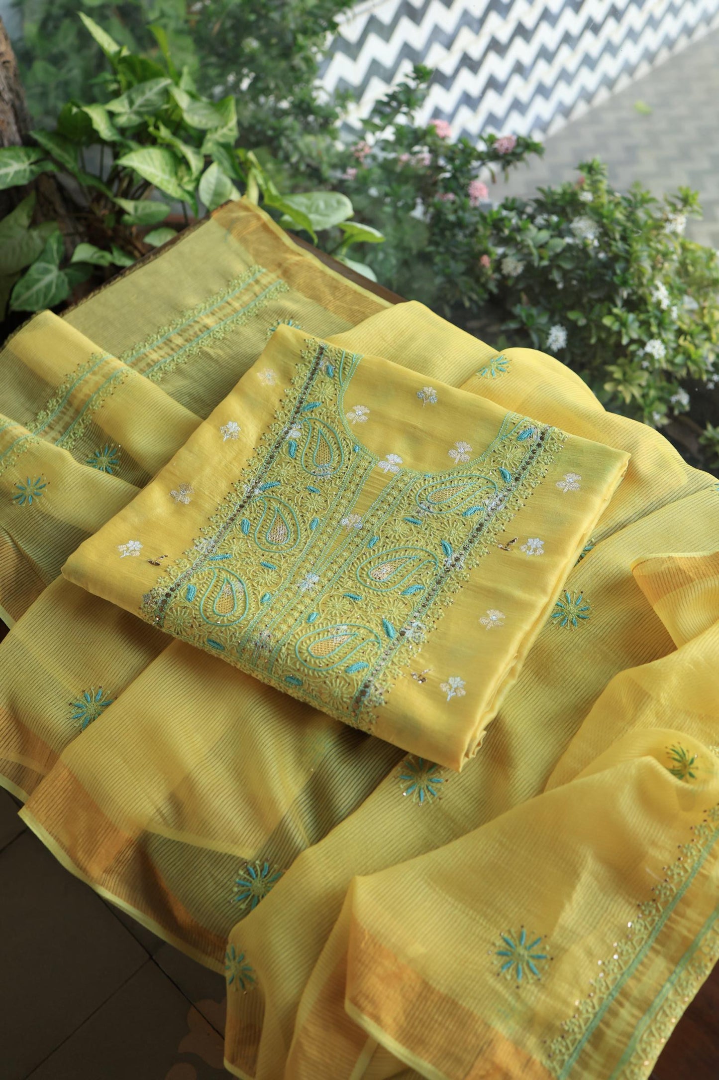Gold Yellow Zari Booti Fine Chikankari With Kamdani Work Unstitched Fabric