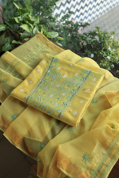 Gold Yellow Zari Booti Fine Chikankari With Kamdani Work Unstitched Fabric