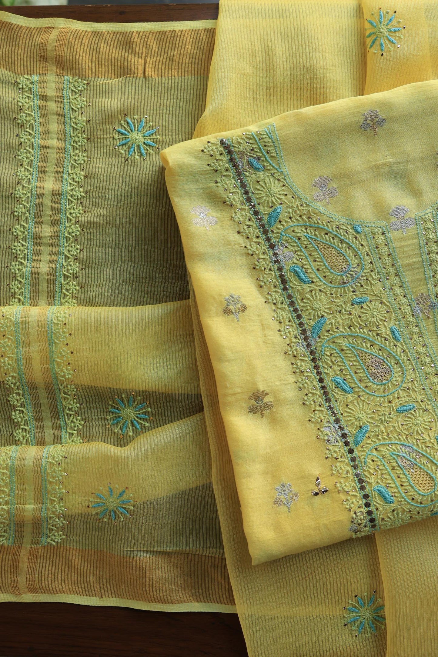 Gold Yellow Zari Booti Fine Chikankari With Kamdani Work Unstitched Fabric