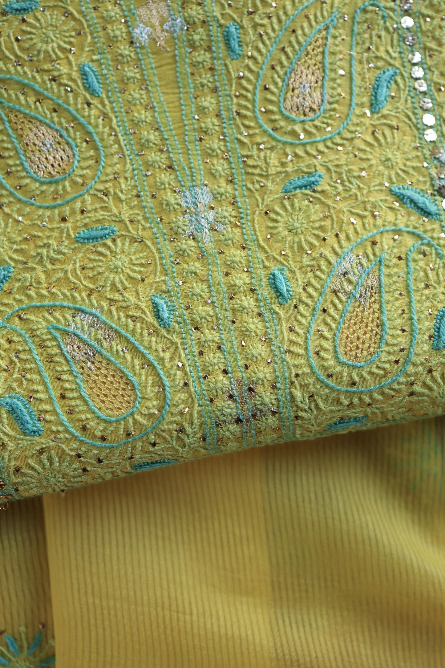Gold Yellow Zari Booti Fine Chikankari With Kamdani Work Unstitched Fabric