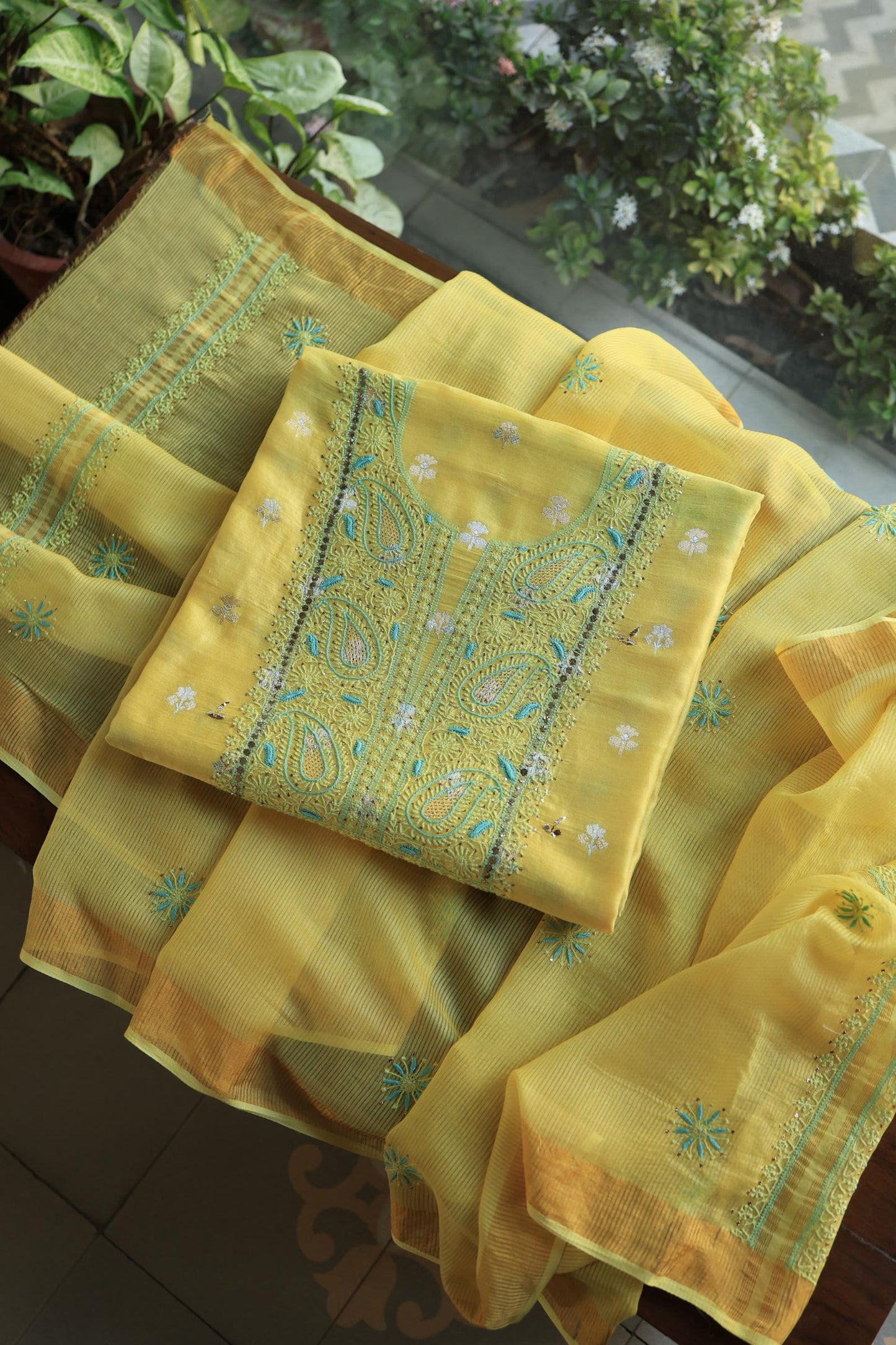 Gold Yellow Zari Booti Fine Chikankari With Kamdani Work Unstitched Fabric