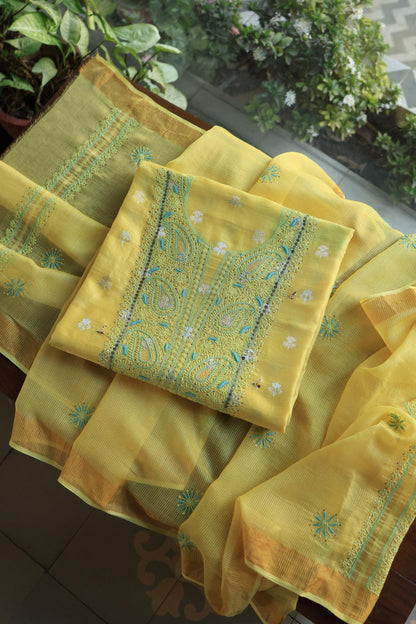 Gold Yellow Zari Booti Fine Chikankari With Kamdani Work Unstitched Fabric