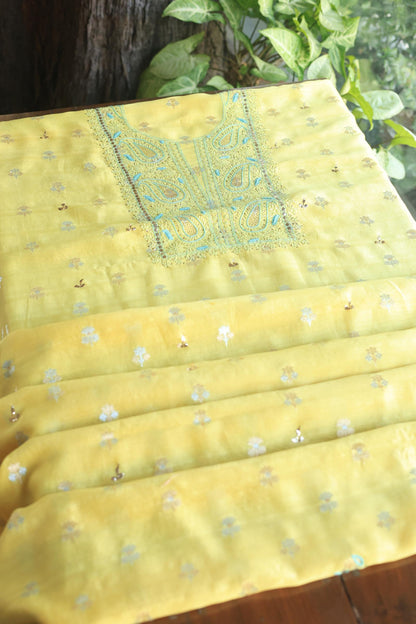 Gold Yellow Zari Booti Fine Chikankari With Kamdani Work Unstitched Fabric