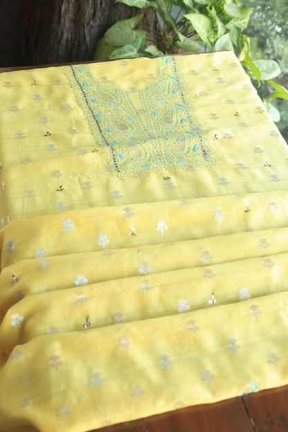 Gold Yellow Zari Booti Fine Chikankari With Kamdani Work Unstitched Fabric