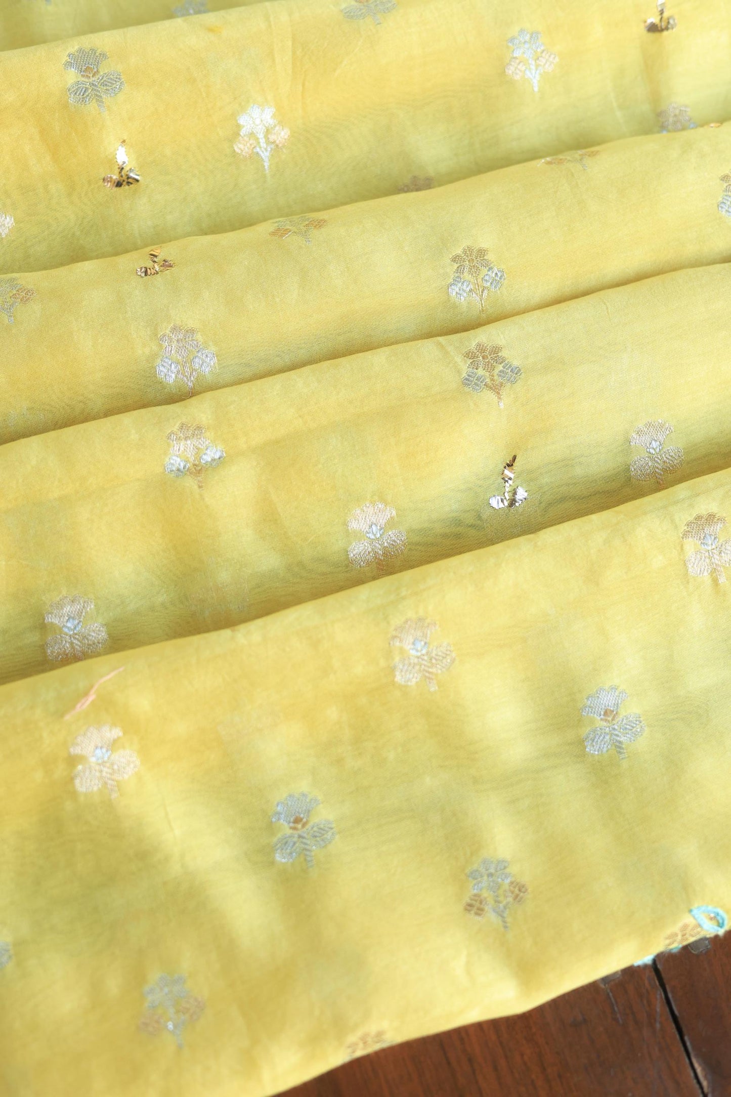 Gold Yellow Zari Booti Fine Chikankari With Kamdani Work Unstitched Fabric