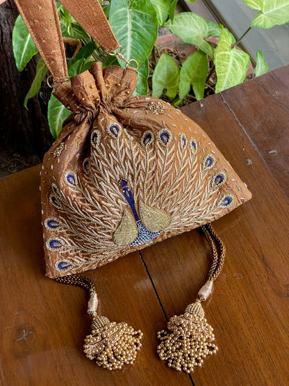 Gold & Blue Peacock Motif Raw Silk Zardosi Polti Bags