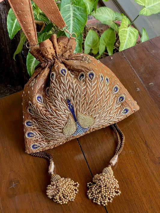 Gold & Blue Peacock Motif Raw Silk Zardosi Polti Bags