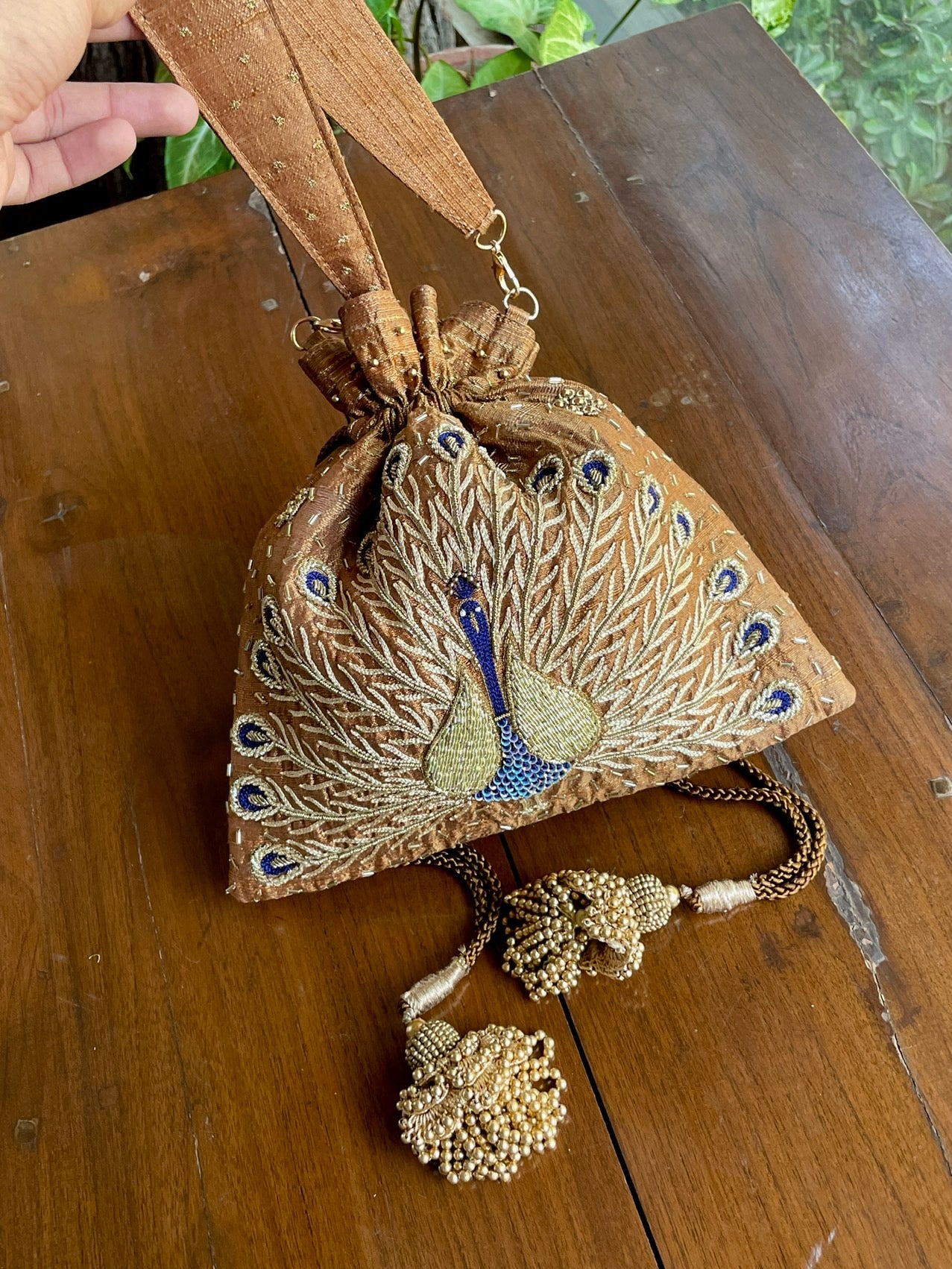 Gold & Blue Peacock Motif Raw Silk Zardosi Polti Bags